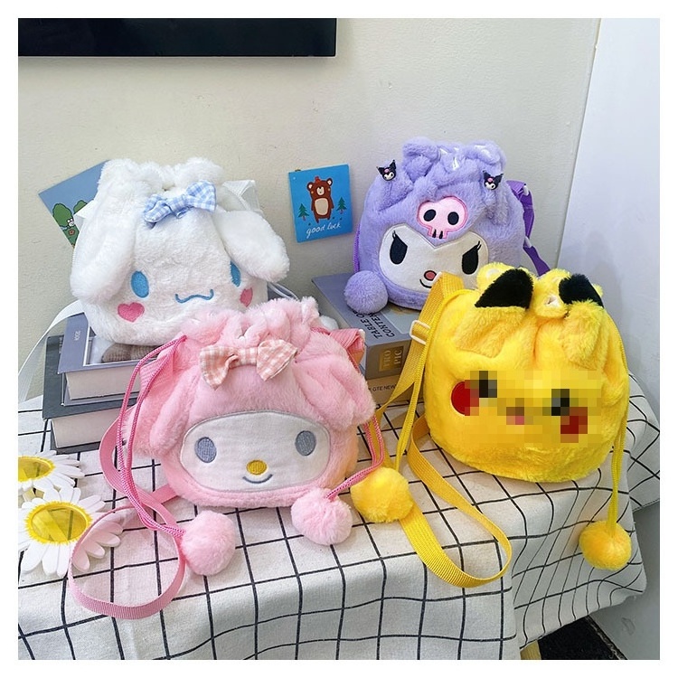 Hot Sale Cheap Fashion Kawaii Kuromi My Melody Plush Shoulder Bag Big Capacity Drawstring Bag Sanrio Accessories Festival Gift