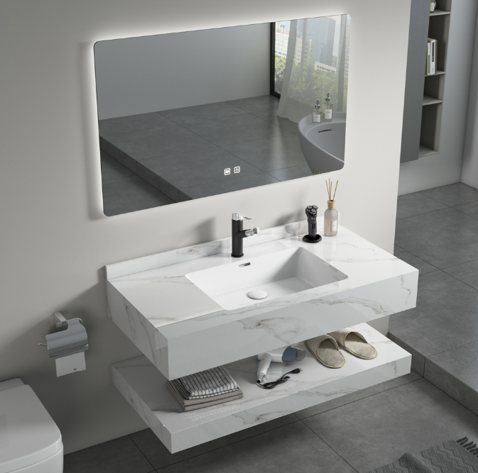 Double-layer wall hung rectangle lavabo luxury bathroom vanity sink white sintered stone cabinet hand wash basin