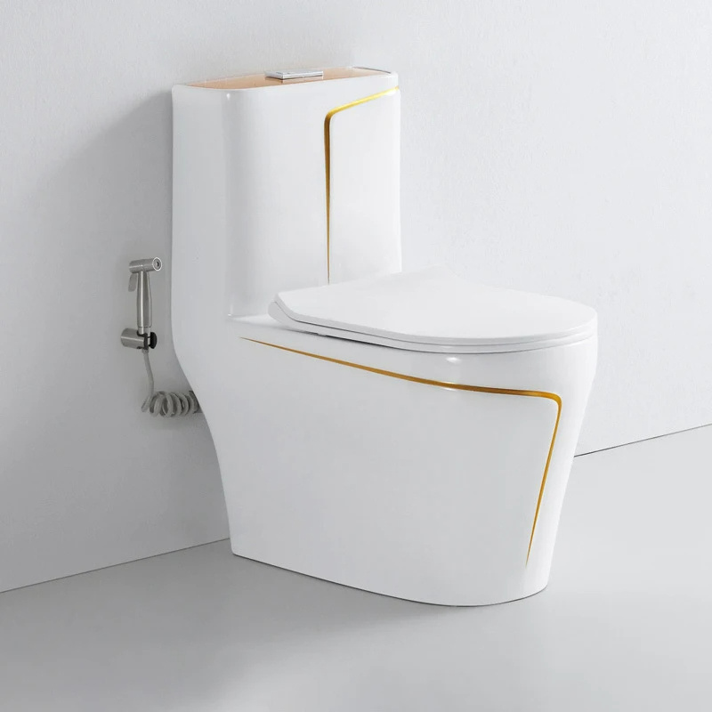 Wholesale luxury porcelain black and gold color s trap bathroom ceramic sanitary ware wc one piece toilet