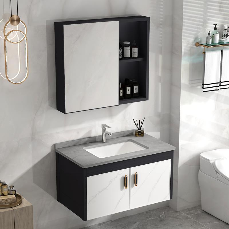 Modern euro style home hotel floating wall hung sintered stone top mirror cabinet set aluminum bathroom vanity