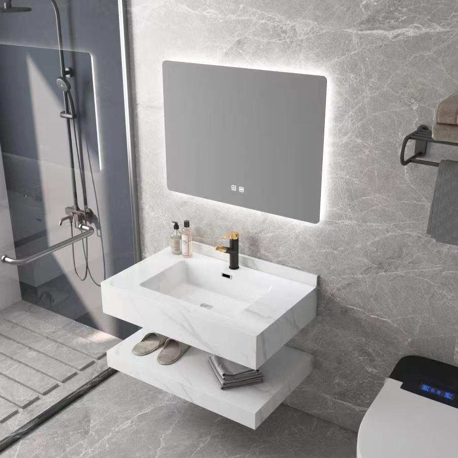 Double-layer wall hung rectangle lavabo luxury bathroom vanity sink white sintered stone cabinet hand wash basin