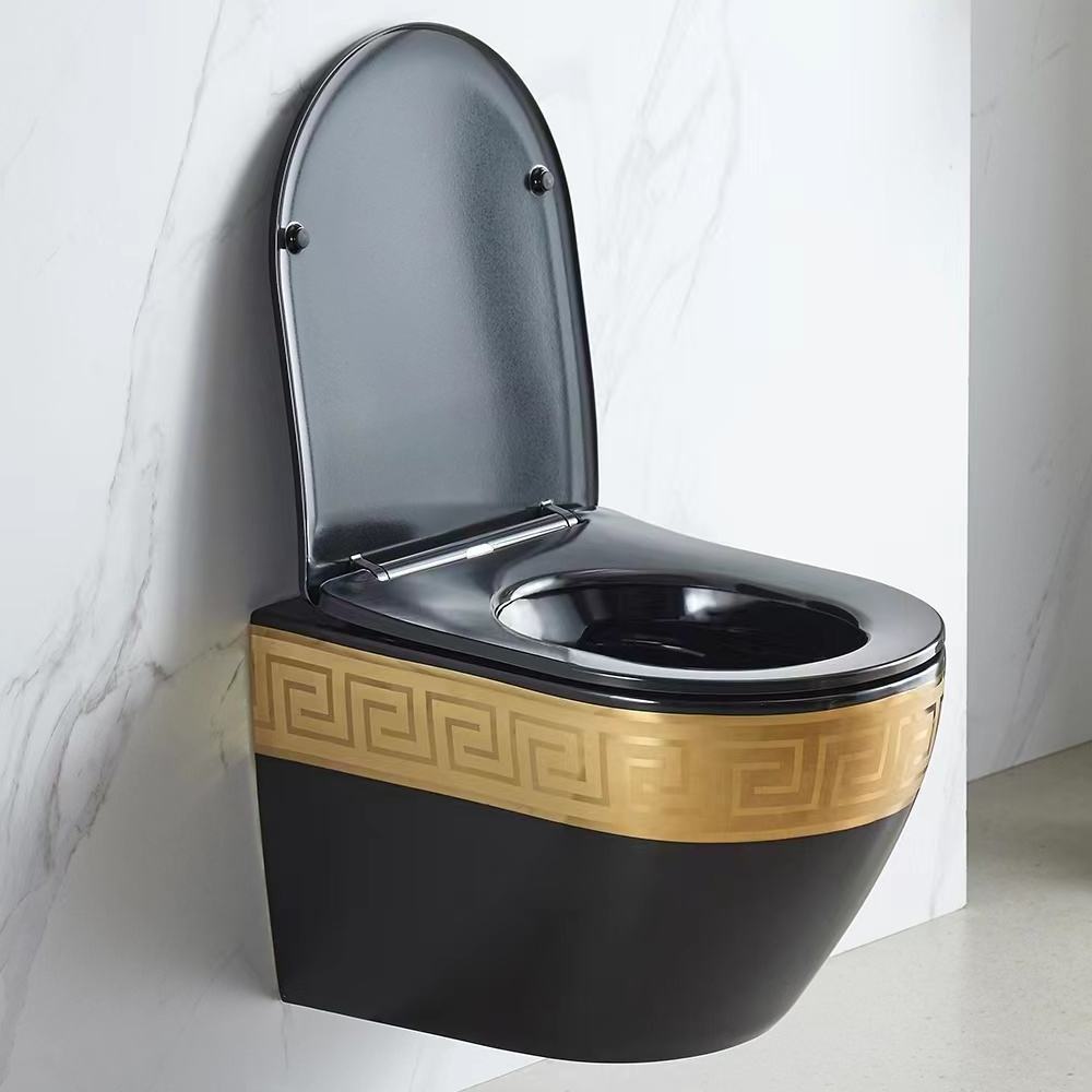 Luxury design colored sanitary ware bathroom wall mount row hanging toilet bowl ceramic black and gold wall hung toilet