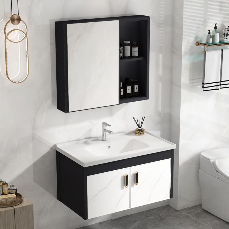 Modern euro style home hotel floating wall hung sintered stone top mirror cabinet set aluminum bathroom vanity