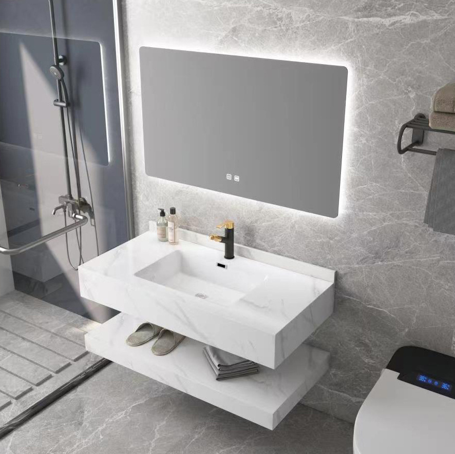 Double-layer wall hung rectangle lavabo luxury bathroom vanity sink white sintered stone cabinet hand wash basin