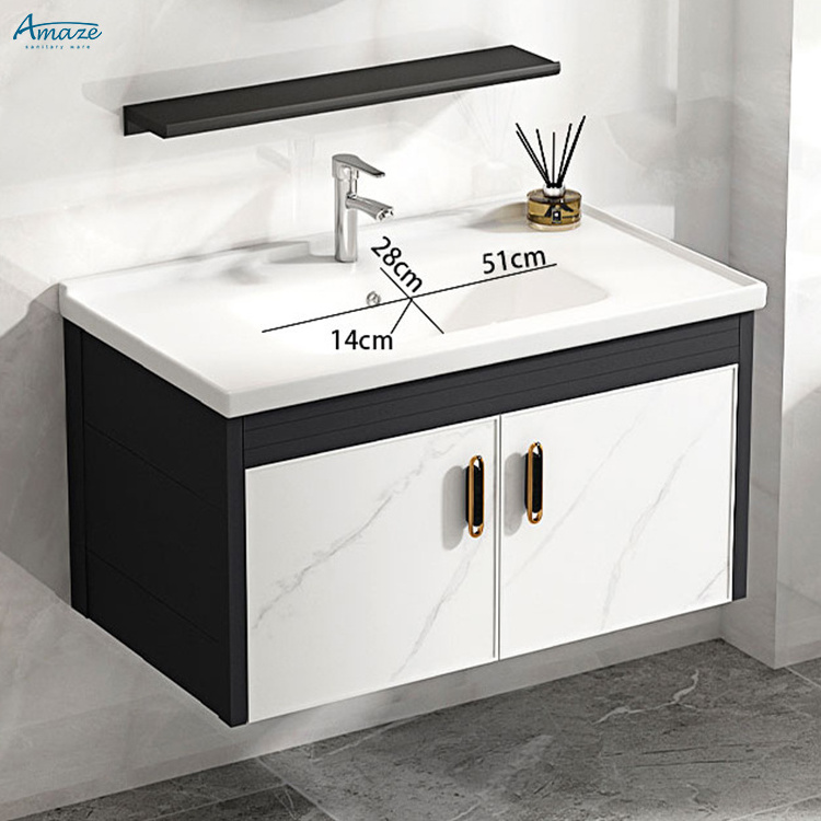 Modern euro style home hotel floating wall hung sintered stone top mirror cabinet set aluminum bathroom vanity