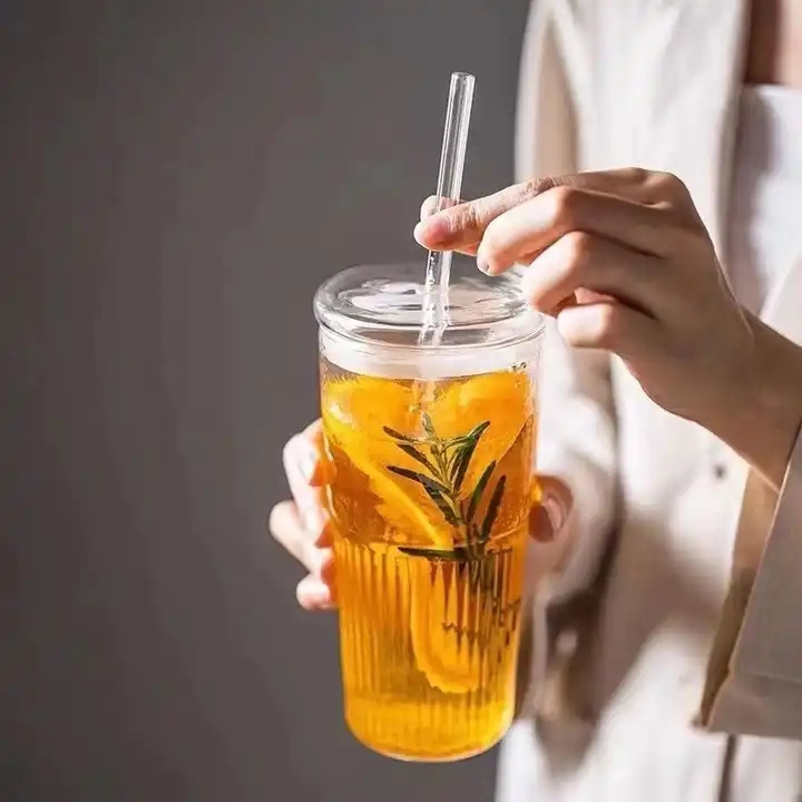 Glass coffee cup with straw lid frosted glass sublimation cup crystal cut drinking cup glass colored