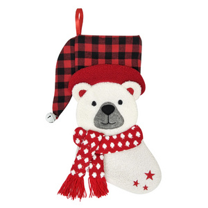 Cartoon Animal Head Plush Christmas Stocking For Kids Penguin Polar Bear Deer Buffalo Plaid Christmas Stocking