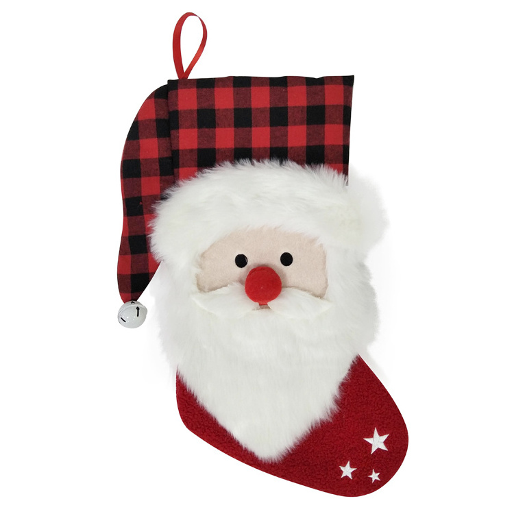 Cartoon Animal Head Plush Christmas Stocking For Kids Penguin Polar Bear Deer Buffalo Plaid Christmas Stocking