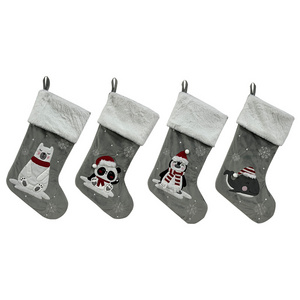 BSCI Factory Direct Grey Christmas Stocking Plush Tree Hanging Ornaments Cartoon Animal Dog Fox Pet Stocking