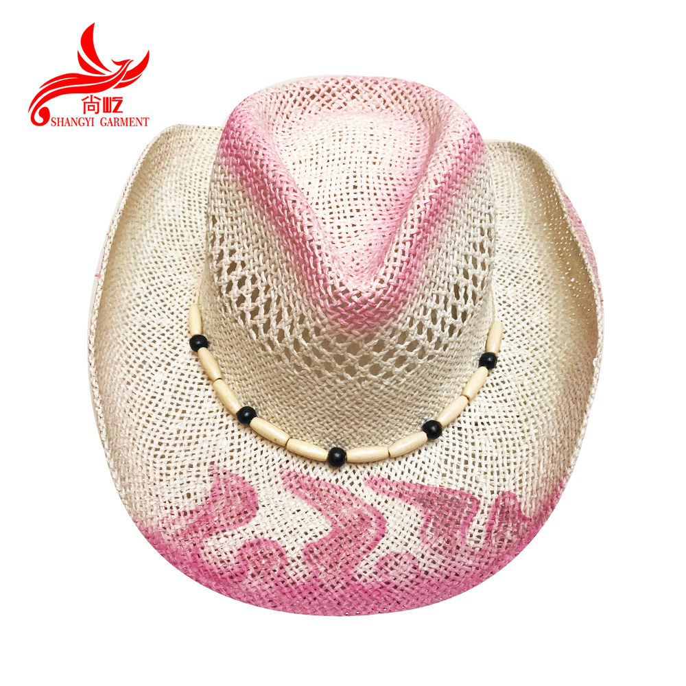 summer wooden bead decorate pink painting white custom cowboy hat