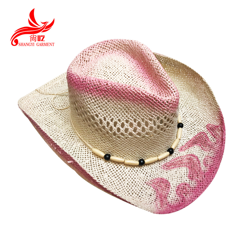 summer wooden bead decorate pink painting white custom cowboy hat