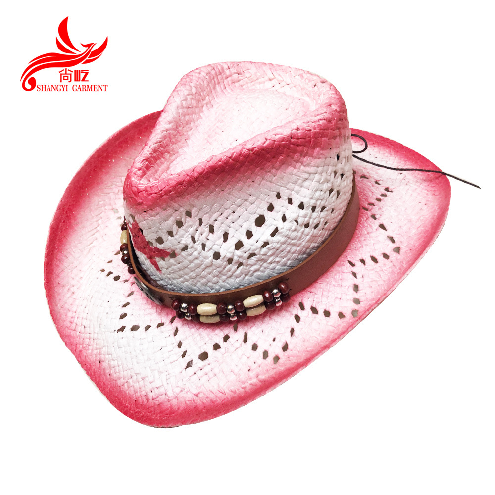 summer wooden bead decorate pink painting white custom cowboy hat