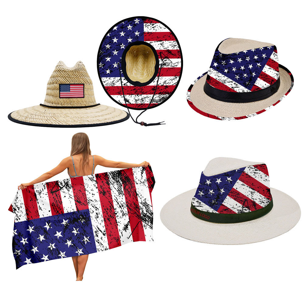 New Beach Towel Customized Free Design Promotional Printed Hat Sets USA American Flag Straw Hat