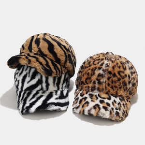 Fashion zebra leopard outdoor warm plush cap winter baseball hat 6 panel men women winter warm fur baseball cap