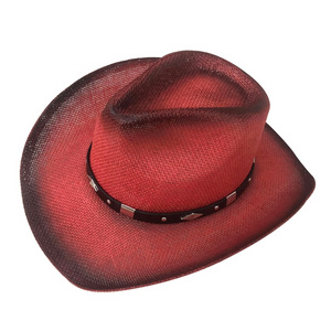 China Cheap Leather Band Red Type Straw Cowboy Hat