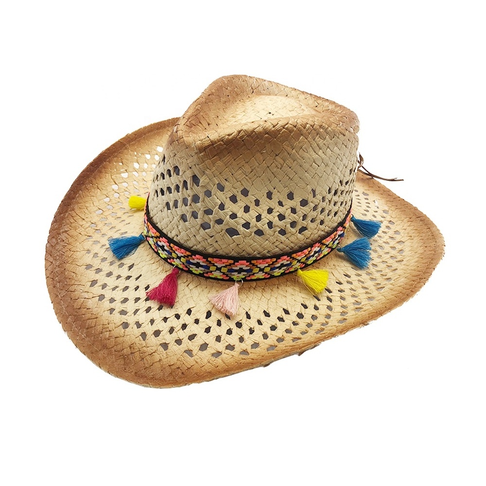 China Cheap Leather Band Red Type Straw Cowboy Hat