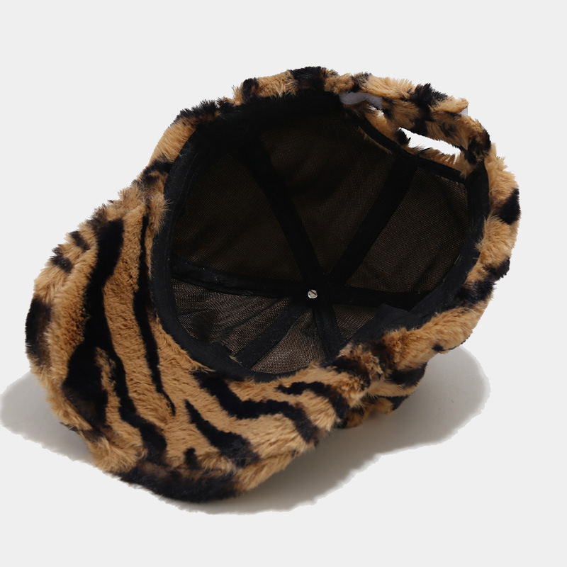 Fashion zebra leopard outdoor warm plush cap winter baseball hat 6 panel men women winter warm fur baseball cap