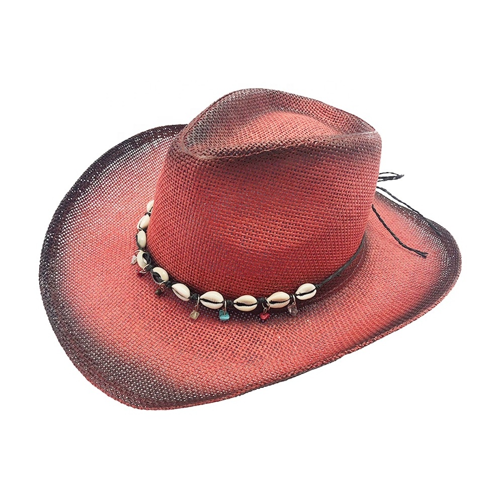 China Cheap Leather Band Red Type Straw Cowboy Hat