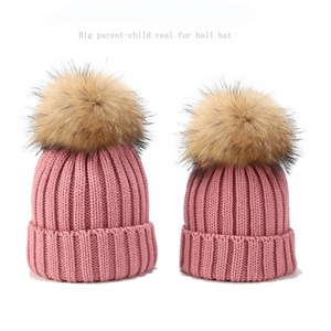 Winter Hats Fashion Raccoon Pompom Fur Ball Knitted Parent-child Kid Custom Warm Winter Hats for Women