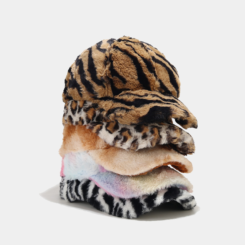 Fashion zebra leopard outdoor warm plush cap winter baseball hat 6 panel men women winter warm fur baseball cap