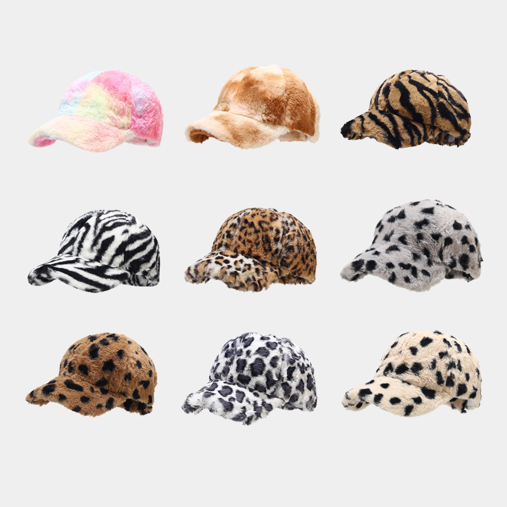 Fashion zebra leopard outdoor warm plush cap winter baseball hat 6 panel men women winter warm fur baseball cap