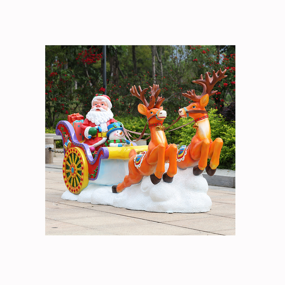 Custom Made Fiberglass Sculpture Resin Crafts Life Size Christmas Santa Sleigh Deer Statue For Sale