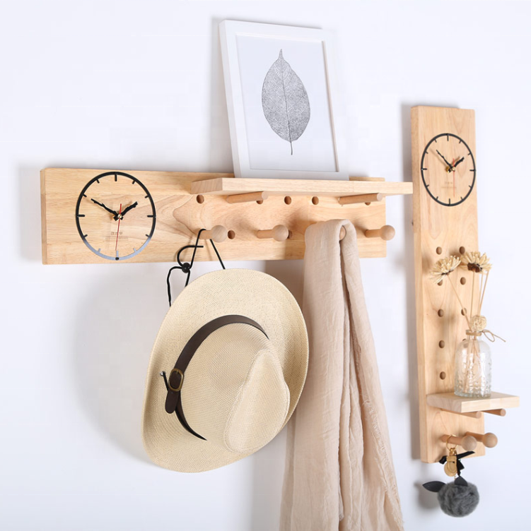 Wooden Wall Mount Coat Rack With Shelf And Clock Entryway Shelf with Hanging Hooks Coat Rack Hanger