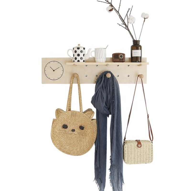 Wooden Wall Mount Coat Rack With Shelf And Clock Entryway Shelf with Hanging Hooks Coat Rack Hanger