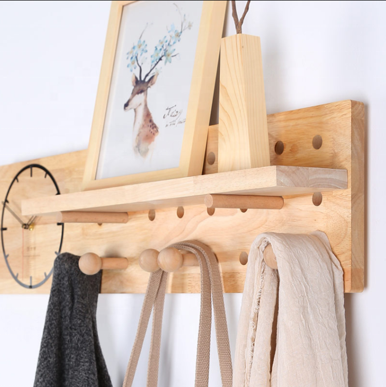 Wooden Wall Mount Coat Rack With Shelf And Clock Entryway Shelf with Hanging Hooks Coat Rack Hanger