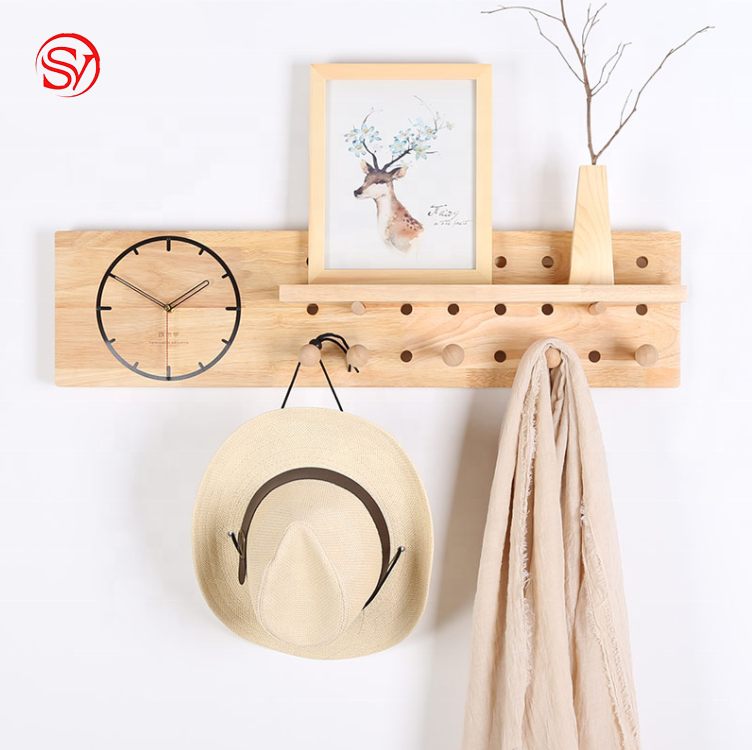 Wooden Wall Mount Coat Rack With Shelf And Clock Entryway Shelf with Hanging Hooks Coat Rack Hanger