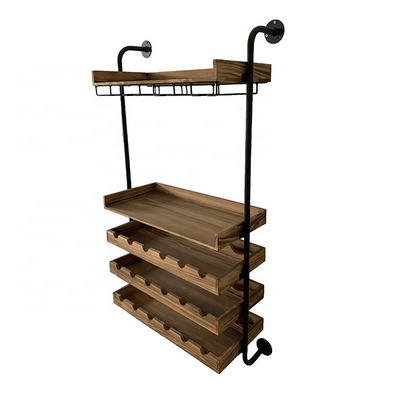 Rustic solid wood with metal support wall-mounted shelf wine rack wall mounted holder wine and glass rack