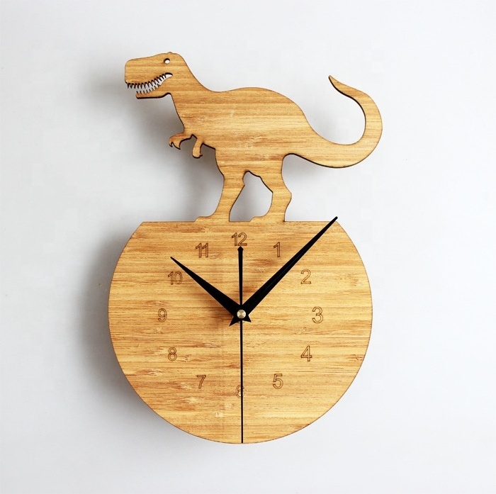 OEM Factory Home Decor Custom Wooden Wall Clock Bamboo Dinosaur Clocks 12 Inch Wooden Decorative Clock