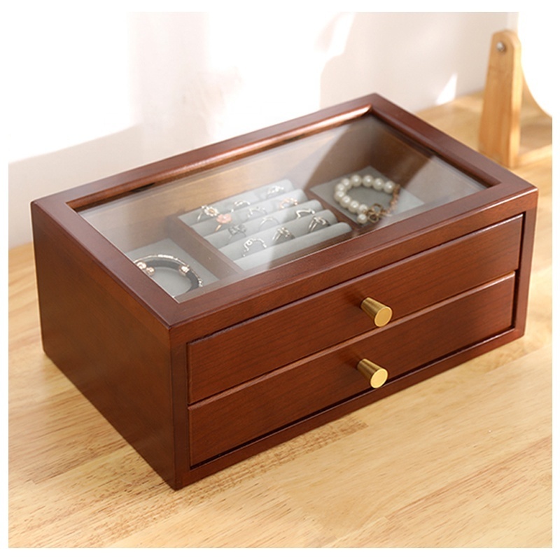 Custom wooden jewelry box with drawers 2-tiers wooden display case carved wooden jewellery box