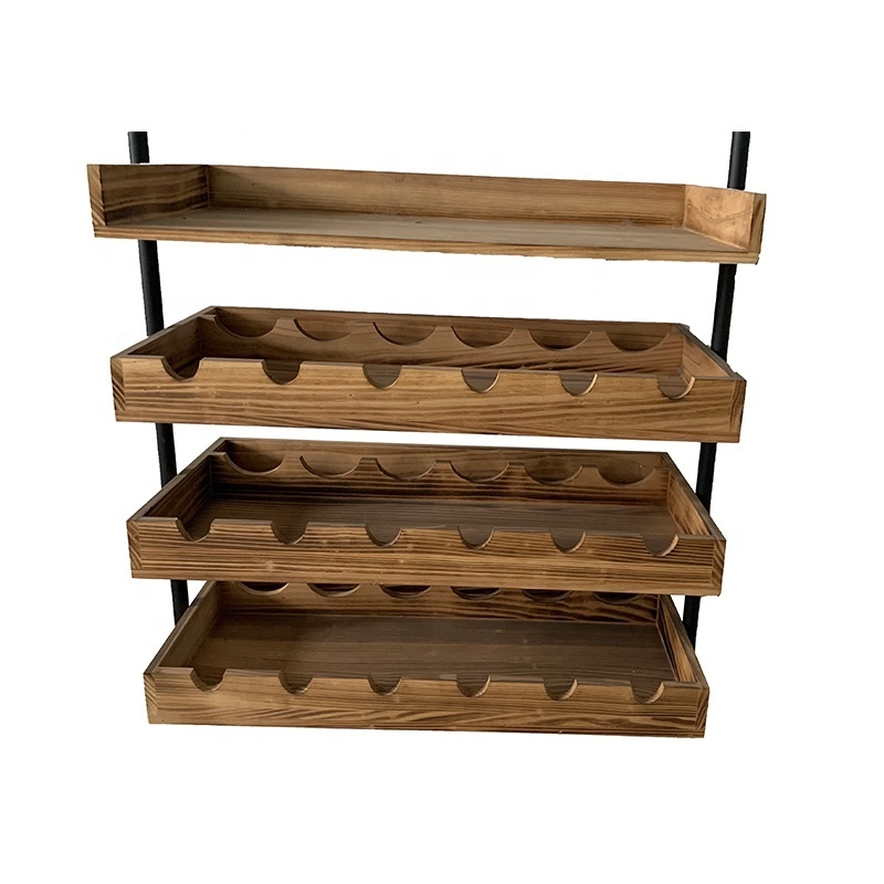 Rustic solid wood with metal support wall-mounted shelf wine rack wall mounted holder wine and glass rack