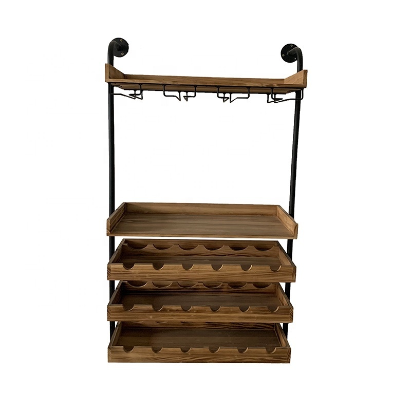 Rustic solid wood with metal support wall-mounted shelf wine rack wall mounted holder wine and glass rack