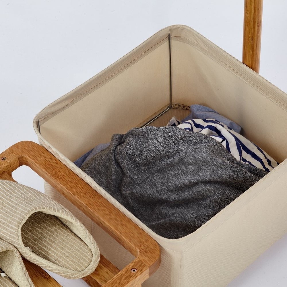 Custom Wooden Coat Hanging Rack With Portable Laundry Basket Bamboo Laundry Rack