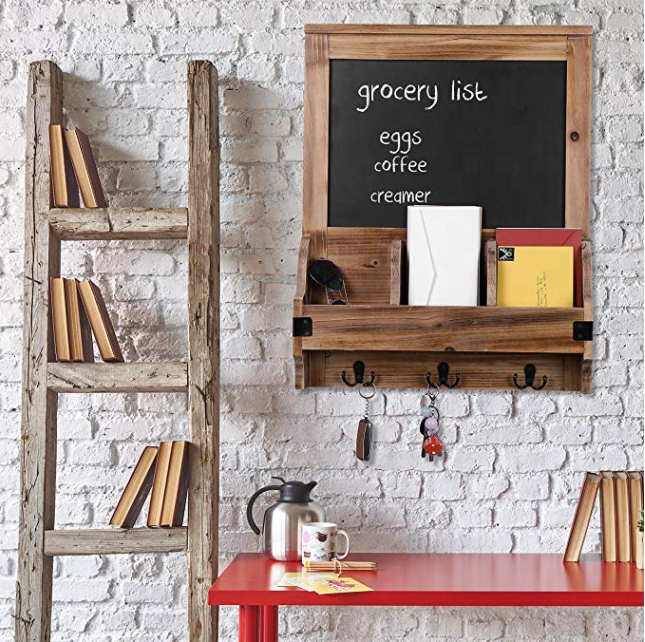 Rustic Burnt Wood Wall-Mounted Entryway Mail Organizer with Chalkboard Sign & Key Hooks Wooden Key Holders