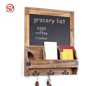 Rustic Burnt Wood Wall-Mounted Entryway Mail Organizer with Chalkboard Sign & Key Hooks Wooden Key Holders