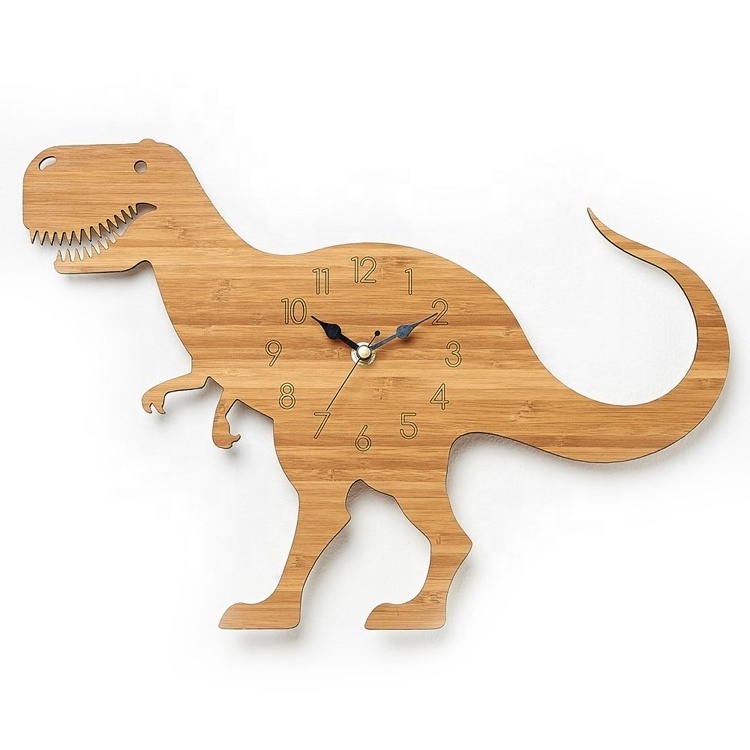 OEM Factory Home Decor Custom Wooden Wall Clock Bamboo Dinosaur Clocks 12 Inch Wooden Decorative Clock