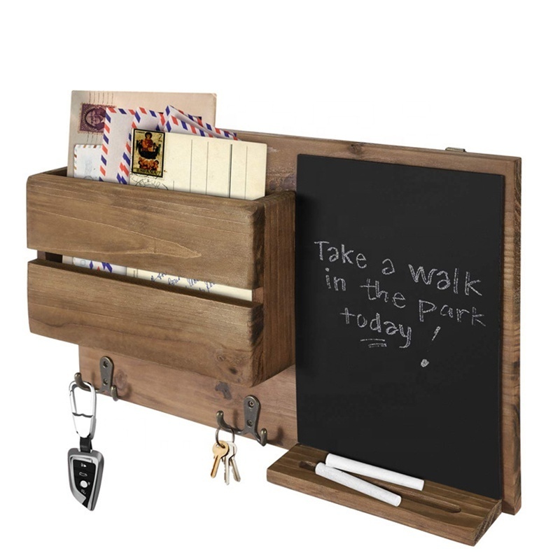 Wooden Decorative Shelf Wall Mail Organizer with Key Hooks and MIni Chalkboard Custom Wall Mounted Entryway Key Organizer