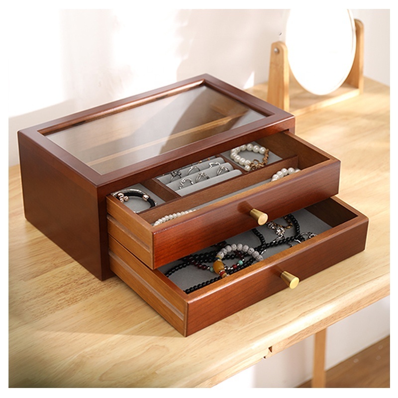 Custom wooden jewelry box with drawers 2-tiers wooden display case carved wooden jewellery box