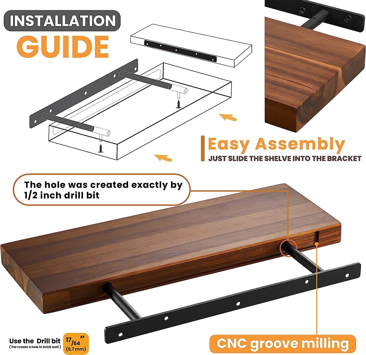 Wall Mounted Acacia Wood Floating Shelves