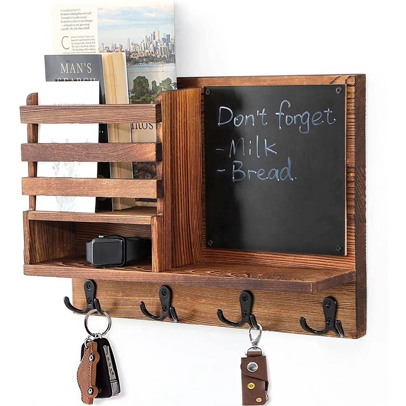 Farmhouse Decor Wall Mail Organizer with Key Hooks and Chalkboard Custom Wooden Key And Mail Holder