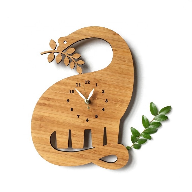 OEM Factory Home Decor Custom Wooden Wall Clock Bamboo Dinosaur Clocks 12 Inch Wooden Decorative Clock