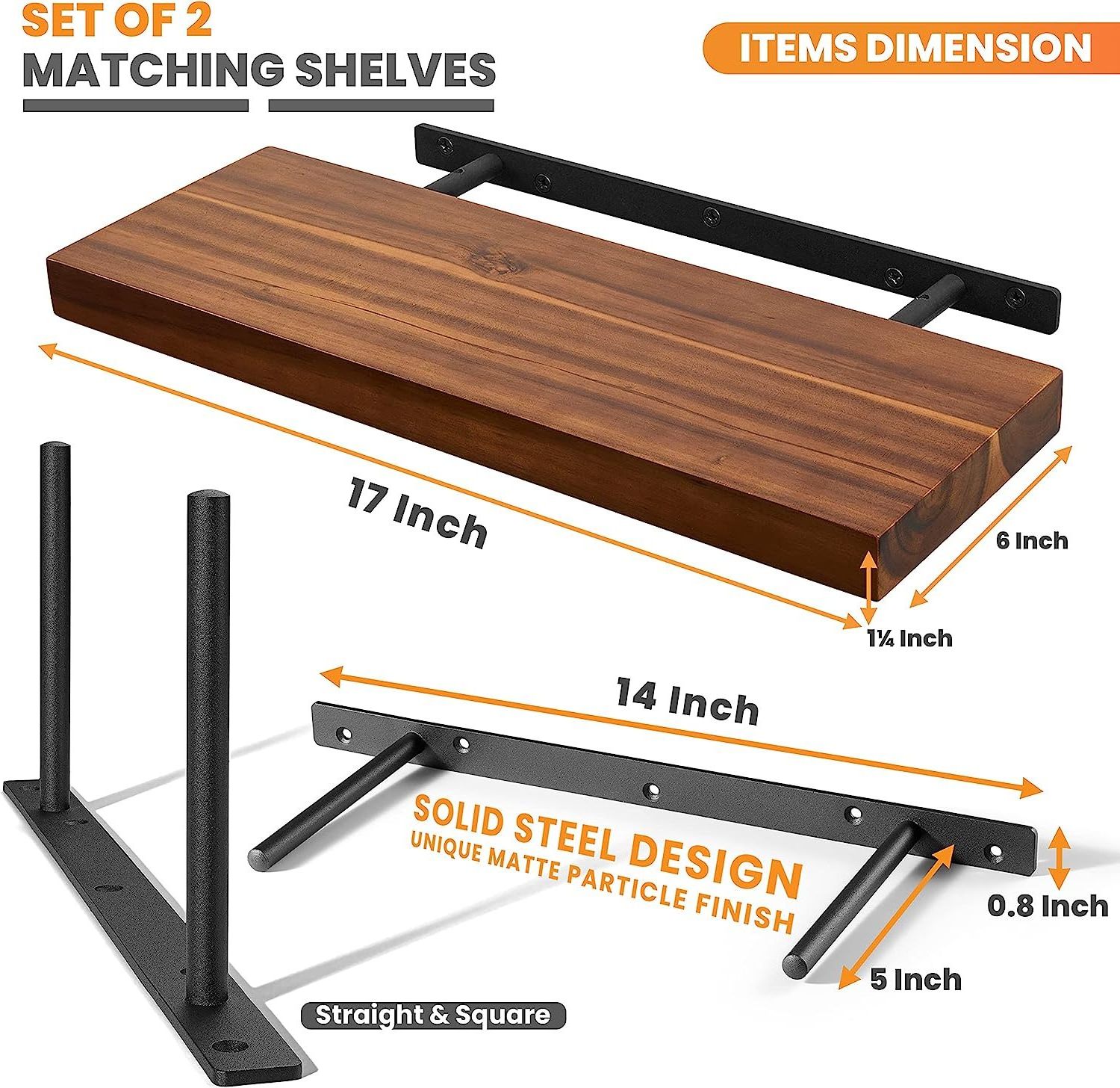 Wall Mounted Acacia Wood Floating Shelves