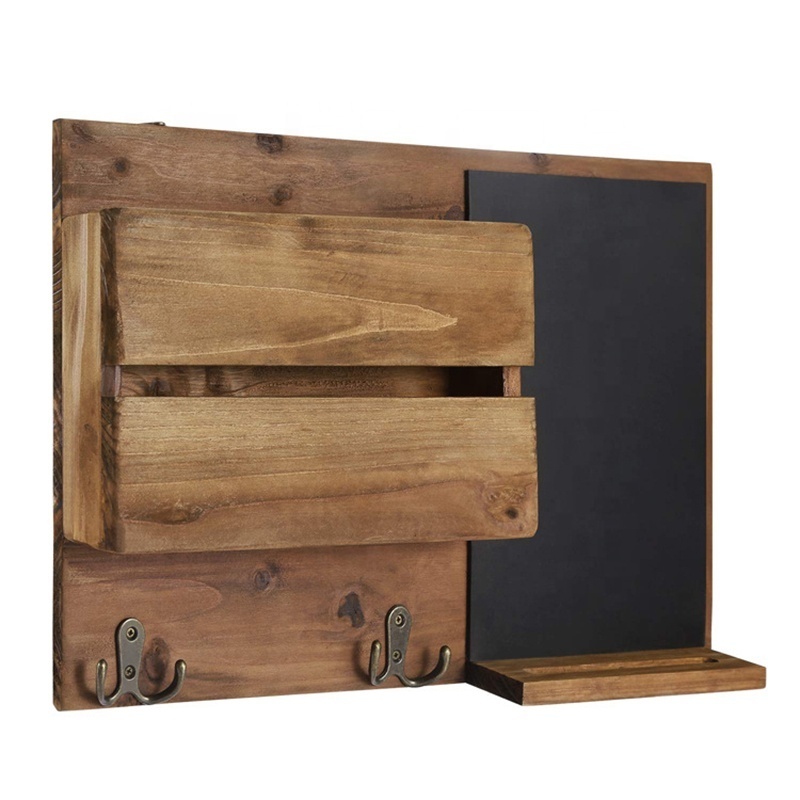 Wooden Decorative Shelf Wall Mail Organizer with Key Hooks and MIni Chalkboard Custom Wall Mounted Entryway Key Organizer