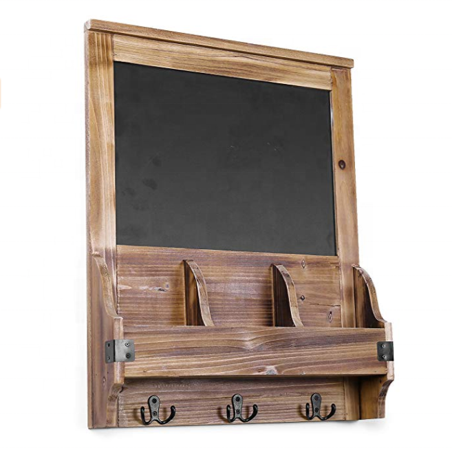 Rustic Burnt Wood Wall-Mounted Entryway Mail Organizer with Chalkboard Sign & Key Hooks Wooden Key Holders