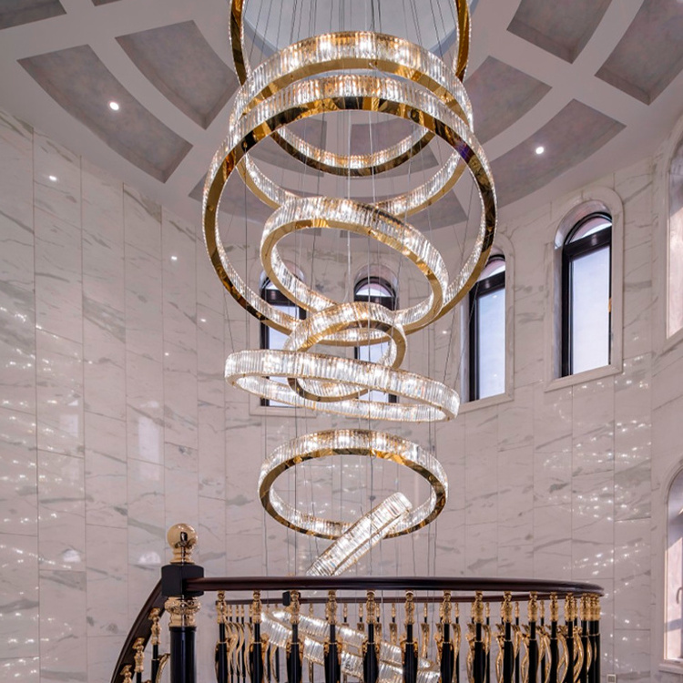 Luxury Style Indoor Decoration Hotel Lobby Staircase Villa LED Modern Ring Crystal Chandelier