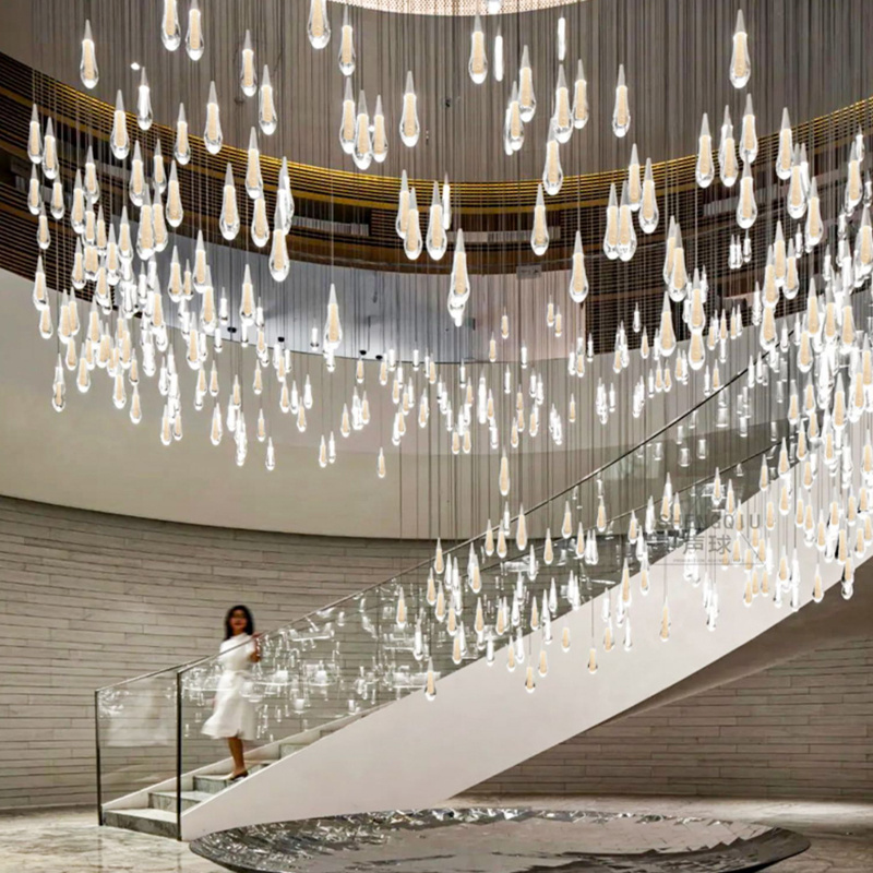 Modern Custom Raindrop Long Large Decoration Crystal Glass Luxury Wedding Stairway LED Chandelier Light