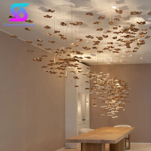 modern large gold Leaf glass led stair chandelier for dining room living room hotel hanging light luxury crystal pendant light